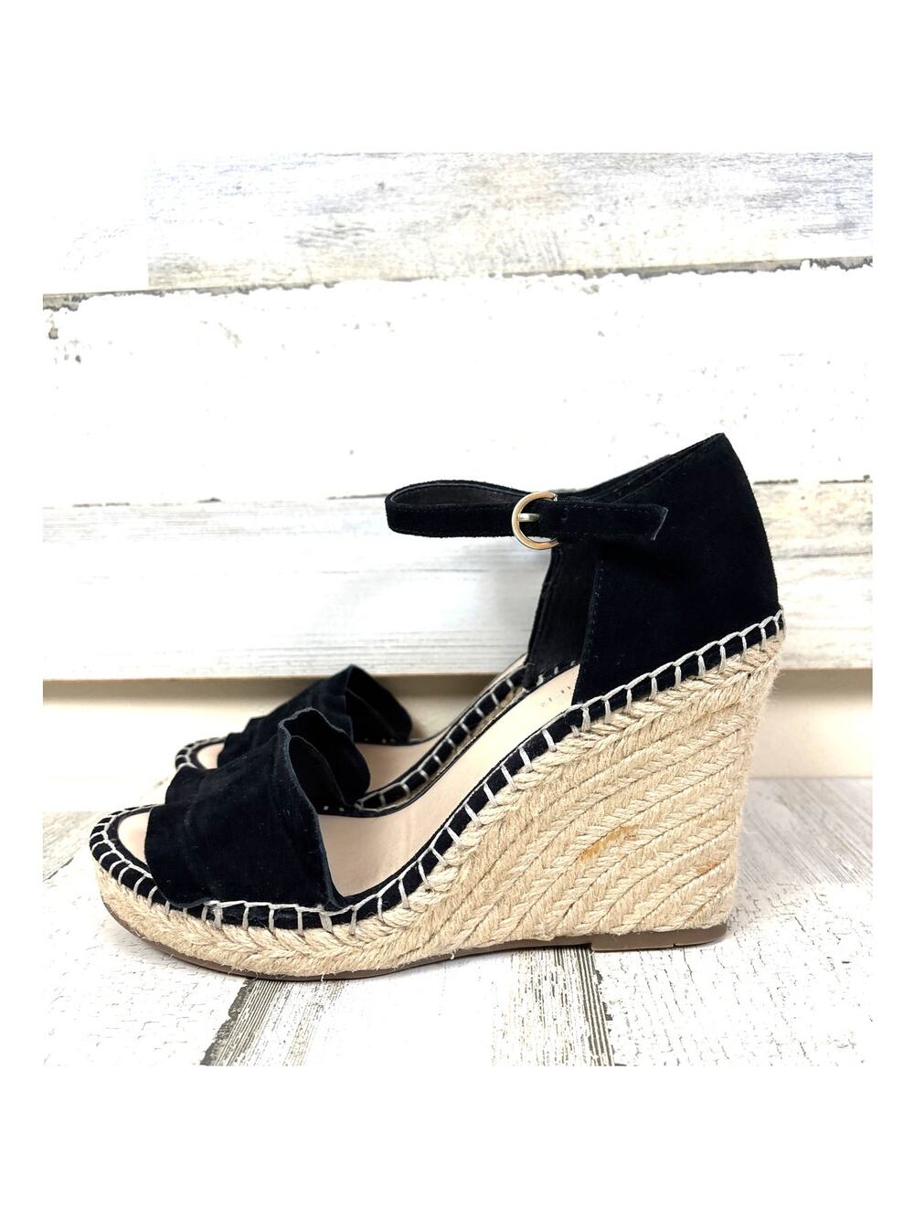 Marc Fisher Womens 9 Black Karli Suede Espadrille Wedge Platform Summer Sandal